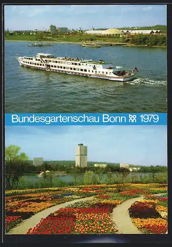 AK Bonn-Beuel, Bundesgartenschau 1979, Blick über den Rhein zum Gartenschaugeländeteil mit Reisemotorschiff Europa
