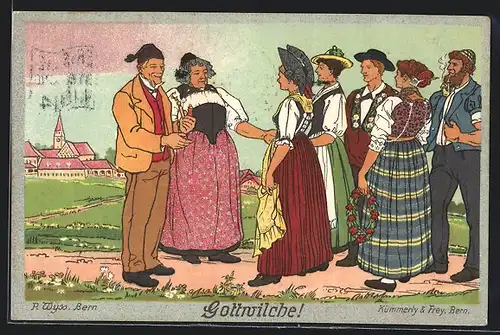 AK Bern, Schweizer Landesausstellung 1914, Bauernleute begrüssen sich