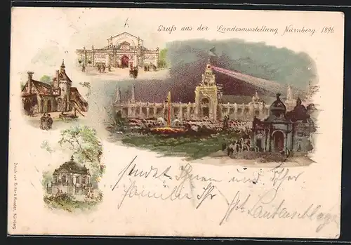 Lithographie Nürnberg, Landesausstellung 1896, Gebäudeansichten