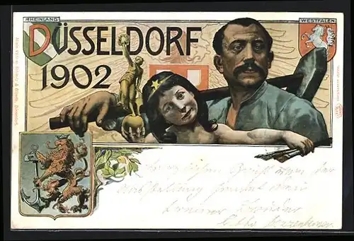 Lithographie Düsseldorf, Industrie- und Gewerbe-Ausstellung 1902, Arbeiter und Malerin