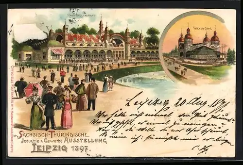Lithographie Leipzig, Sächsisch-Thüringische Industrie- & Gewerbe-Ausstellung 1897, Hauptrestaurant, Wiener Cafe