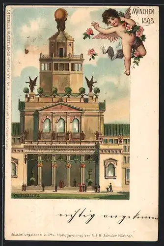 Lithographie München, Ausstellung 1898, Mittelbau mit Besuchern und Engel, Prägewappen