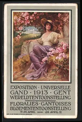 Künstler-AK Gand, Exposition Universelle 1913, Floralies Gantoises, Frau mit Blumen, Ausstellung