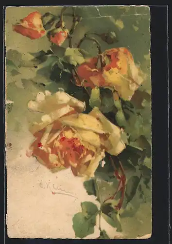 Künstler-AK Catharina Klein: Blühende gelbe Rosen