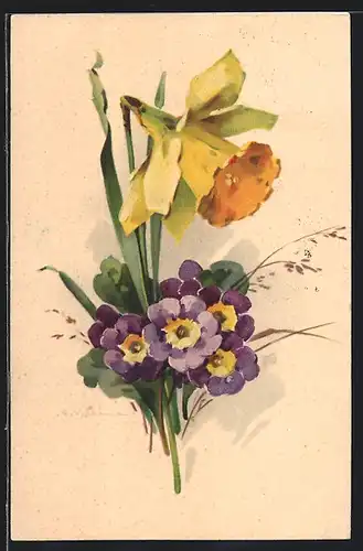 Künstler-AK Catharina Klein: Osterglocke und violette Blumen