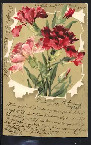 Künstler-AK Catharina Klein: rote und rosafarbene Nelken