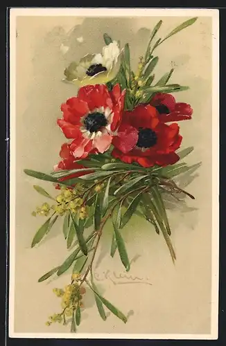 Künstler-AK Catharina Klein: Weiss und rot blühender Mohn