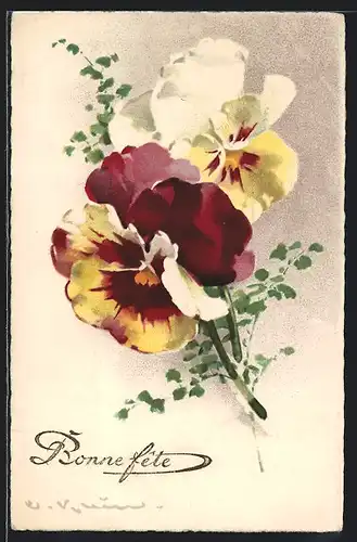 Künstler-AK Catharina Klein: Blumenstrauss mit gelb-violetten Stiefmütterchen