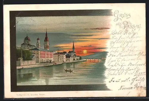 Lithographie Passau, Uferpartie mit Sonnenuntergang