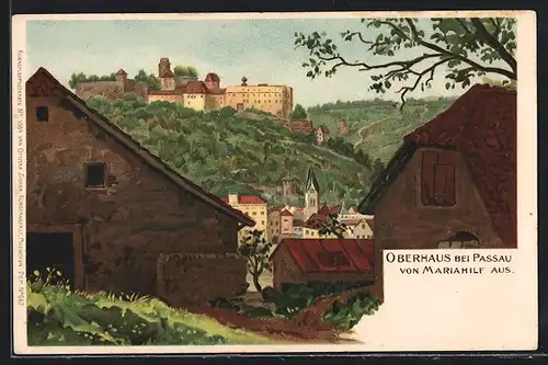 Lithographie Oberhaus bei Passau, Ortsansicht von Mariahilf aus