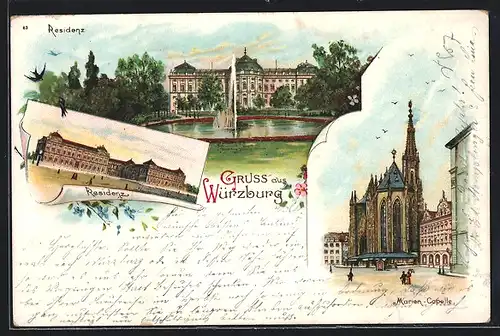 Lithographie Würzburg, Residenz mit Fontäne, Marien-Capelle