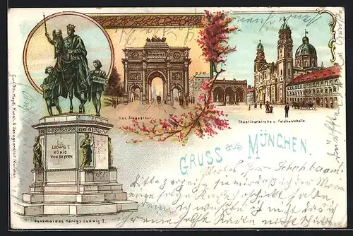 Lithographie München, Theatinerkirche und Feldherrnhalle, Siegesthor