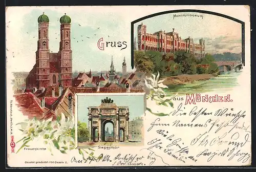 Lithographie München, Frauenkirche, Maximilianeum, Siegesthor