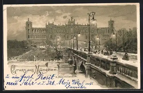 Lithographie München, Brücke am Kgl. Maximilianeum