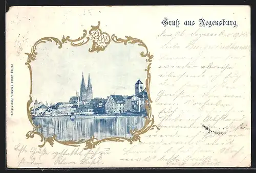 Lithographie Regensburg, Ortsansicht mit Dom
