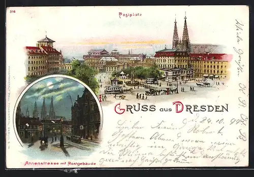 Lithographie Dresden, Postplatz, Annenstrasse mit Postgebäude