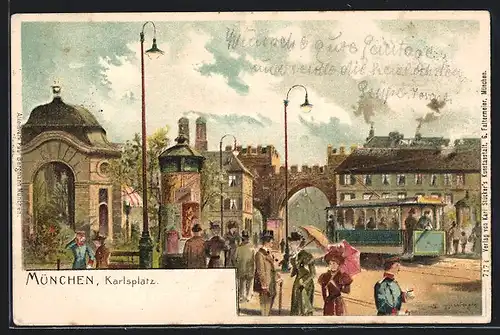 Lithographie München, Karlsplatz mit Strassenbahn, Leute an der Litfasssäule