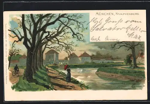 Lithographie München, Partie bei der Nymphenburg