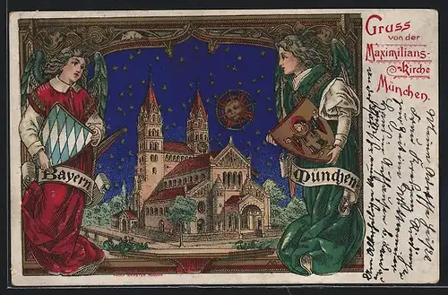 Künstler-AK München, die Maximilianskirche, Engel mit Landes- und Stadtwappen