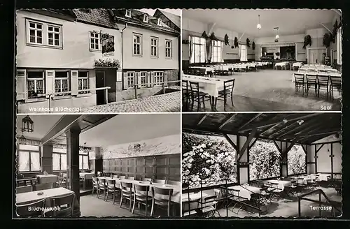 AK Steeg, Weinhaus Blüchertal, Innenansichten Saal, Blücherstube und Terrasse
