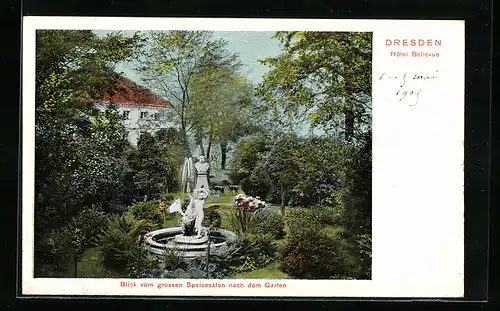 AK Dresden, Hotel Bellevue, Springbrunnen im Garten