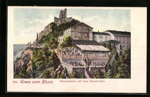 AK Ruine Drachenfels, Restauration auf dem Drachenfels mit Blick auf den zerstörten Turm der Burgruine