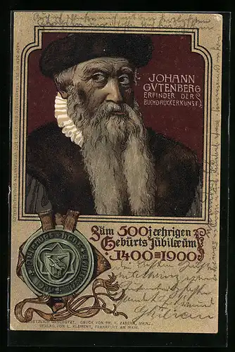 Lithographie Mainz, Gutenbergfeier 1900, Portrait Johann Gutenberg