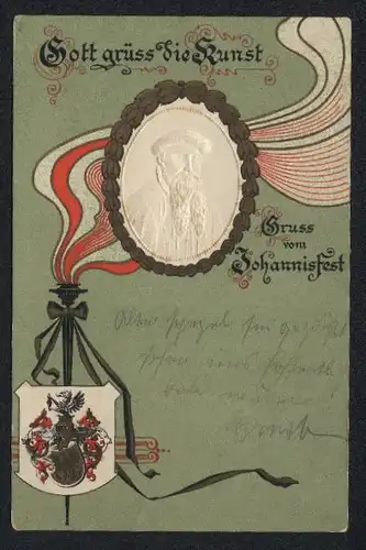 AK Johann Gutenberg, Erfinder des Buchdrucks, Wappen, Jugendstil