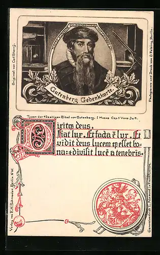 Künstler-AK Gutenberg Gedenkkarte mit Porträt und Siegel