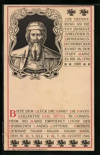 Künstler-AK 500jähriges Jubiläum der Erfindung des Buchdrucks 1900, Portrait Johannes Gutenberg