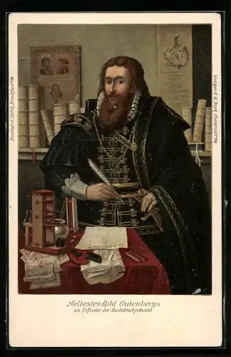 AK Buchdruck-Erfinder J. Gutenberg in Robe mit Schreibfeder