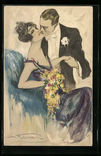 Künstler-AK Elegantes Paar mit Blumen, Art Deco