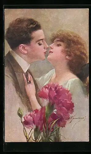 Künstler-AK Paar vor dem Kuss, Art Deco