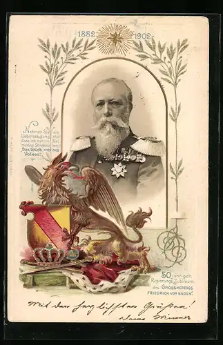 Passepartout-Lithographie Friedrich von Baden, 50jähriges Regierungs-Jubiläum 1902, Portrait mit Wappen