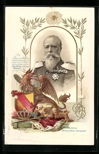 Passepartout-Lithographie Friedrich von Baden, 50jähriges Regierungs-Jubiläum 1902, Portrait mit Wappen