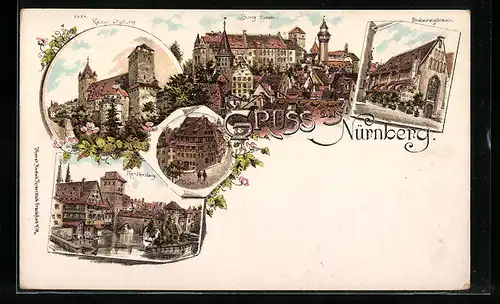 Lithographie Nürnberg, Burg Südseite, Kaiser Stallung, Henkersteg