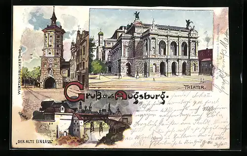 Lithographie Augsburg, Theater, Wertachbrucker Tor, Der alte Einlass