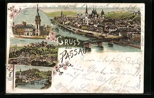 Lithographie Passau, Panorama mit Rathaus