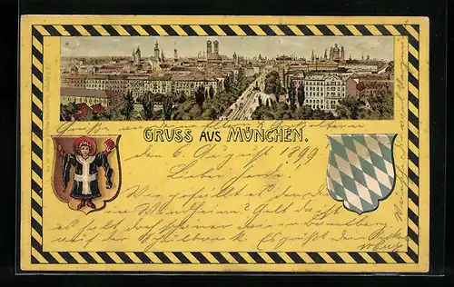 Lithographie München, Ortsansicht mit Frauenkirche, Münchner Kindl, Bayerisches Wappen