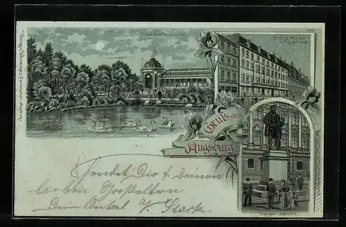 Mondschein-Lithographie Augsburg, Hotel 3 Mohren und Fuggerhaus, Fugger-Denkmal, Partie aus dem Stadtgarten