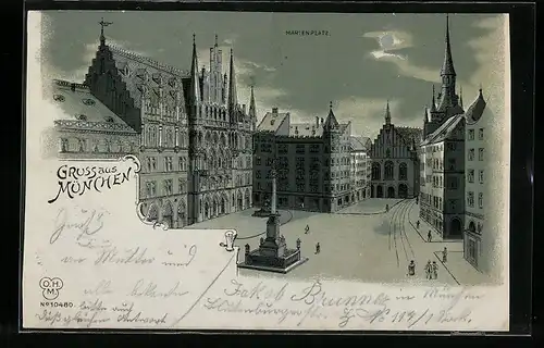 Mondschein-Lithographie München, Marienplatz mit Rathaus