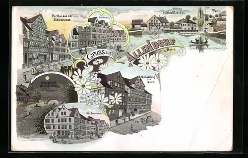 Lithographie Allendorf a. Werra, Weinhandlung zum Löwen, Hotel Beuermann, Holzstofffabriken