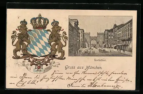 Lithographie München, Karlstor, Pferdebahn, Wappen Bayerns