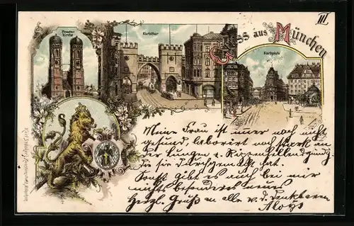 Lithographie München, Frauenkirche, Karlsthor, Karlsplatz & Löwe mit Wappen