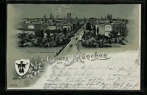 Lithographie München, Panorama vom Maximilianeum, Wappen mit Münchner Kindl