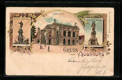 Lithographie Augsburg, Theater, Augustus-Brunnen, Friedens-Denkmal