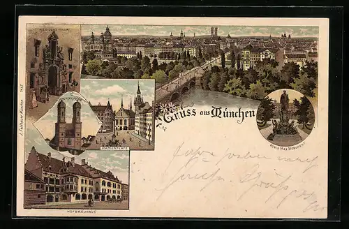 Lithographie München, Totalansicht, Aussenansicht Hofbräuhaus, Gasthof, Marienplatz