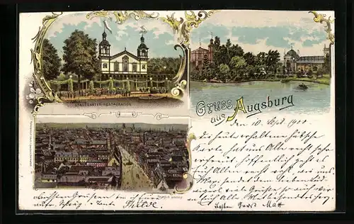 Lithographie Augsburg, Stadtgarten-Restauration, Ortsansicht aus der Vogelschau
