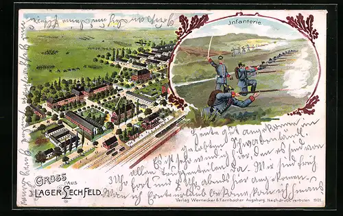 Lithographie Lager-Lechfeld, Baracken-Lager mit Strasse und Bahn von oben gesehen, Feuernde Infanterie