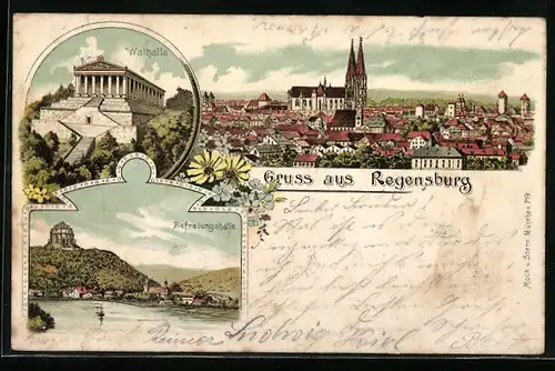 Lithographie Regensburg, Ortsansicht, Walhalla, Befreiungshalle